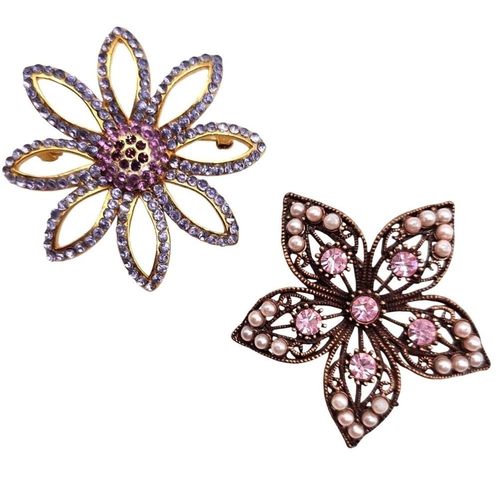 2pc Floral Pastel Pink Purple Rhinestone Brooch Pin Lot 2" Gold Toned Faux Peals